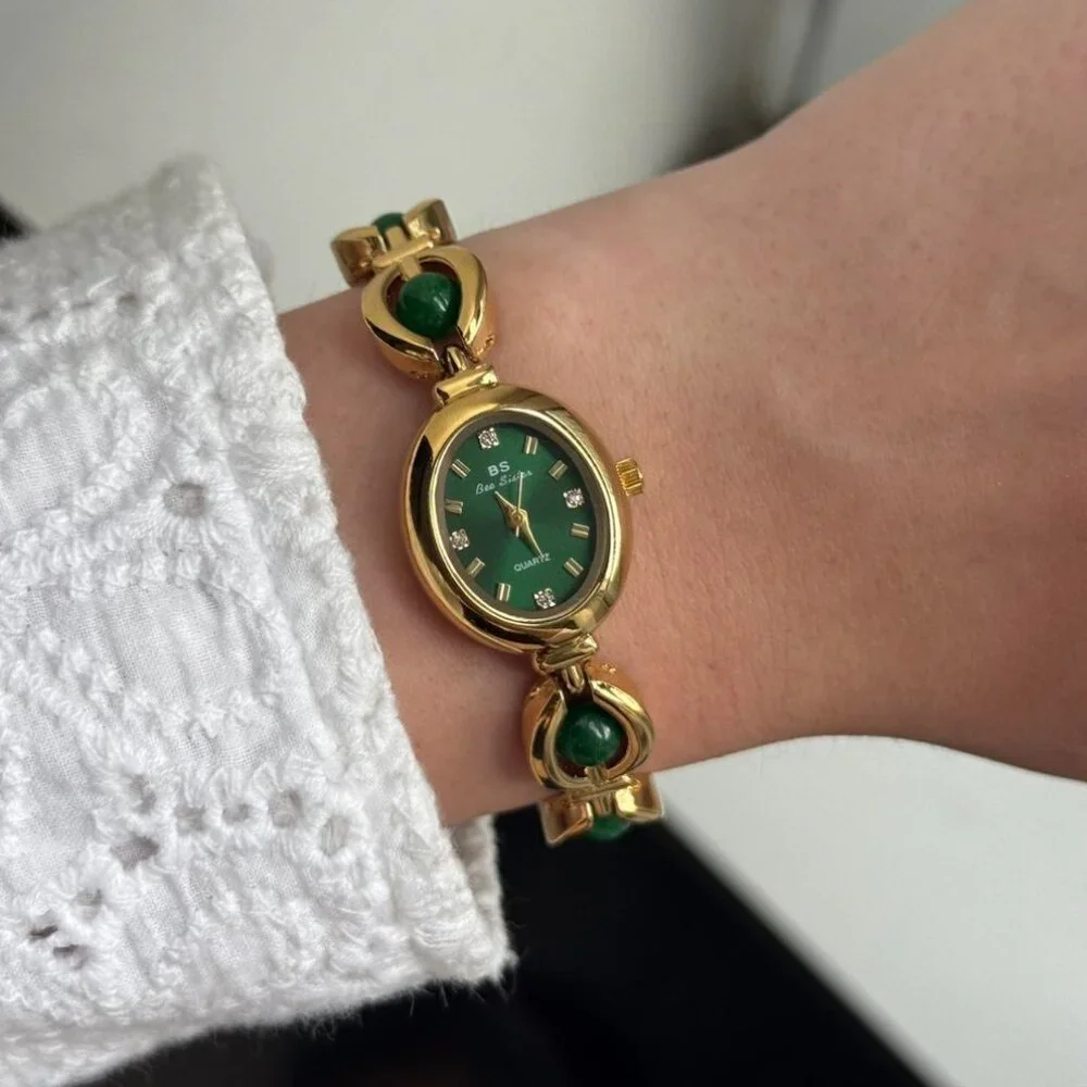 Sku0456 Retro Gold Green Pearl Gemstones Women Fashion Watch Bracelet + gift box